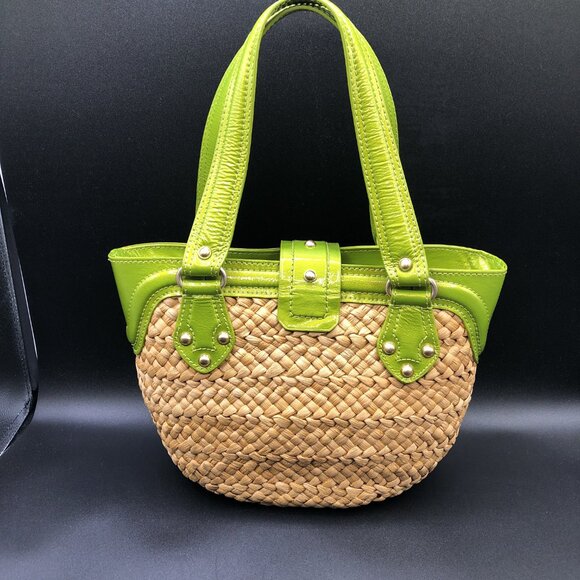 Michael Kors Straw and Green Leather Tote Bag w/Gold Color Hardware Excellent - Picture 2 of 15